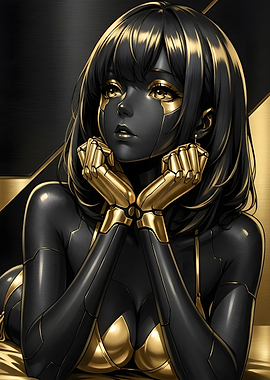 Black and Gold Robotic Anime Girl