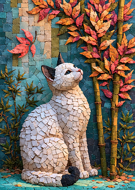 Mosaic Cat with Autumn Bamboo