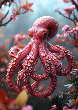 Red Octopus Amidst Cherry Blossoms