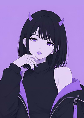 Anime Demon Oni Girl with Purple Horns
