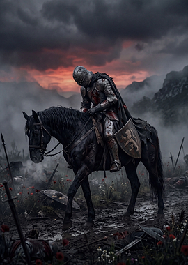 Lone Knight on Battlefield at Sunset