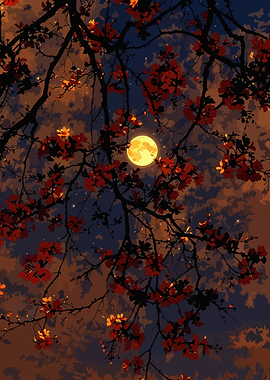 Full Moon Behind Red Blossoms