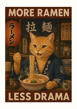 More Ramen Less Drama Cat Poster