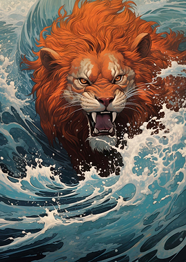 Fierce Lion Emerging From Ocean Waves