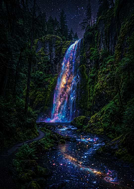 Cosmic Waterfall in Enchanted Forest