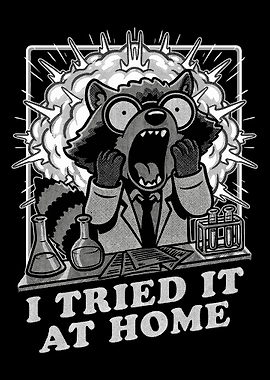 Funny Mad Scientist Raccoon Black and White Vintage Poster Wall Art
