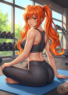 Hot Anime Girl Red Hair in Gym