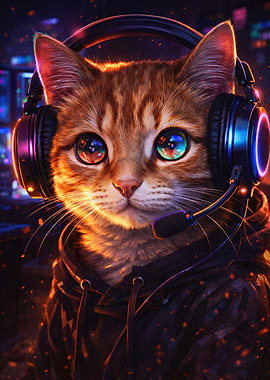 Gamer Cat with Neon Headphones