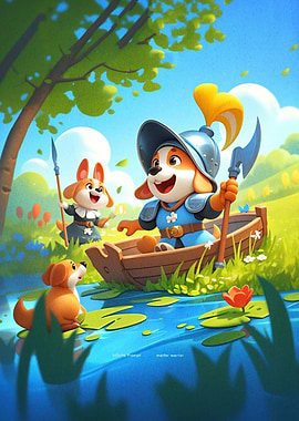 Cute Corgi Warriors in a Boat