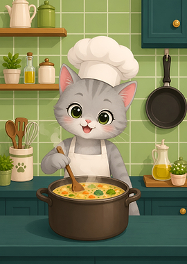 Cute Cat Chef Cooking Soup