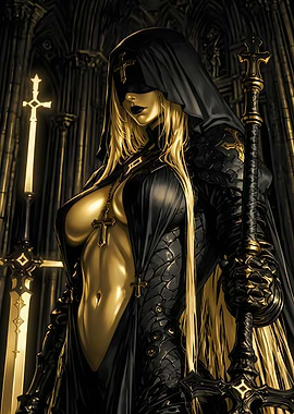 Golden Warrior Nun in Gothic Cathedral