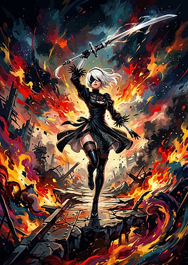 2B from NieR Automata in Battle