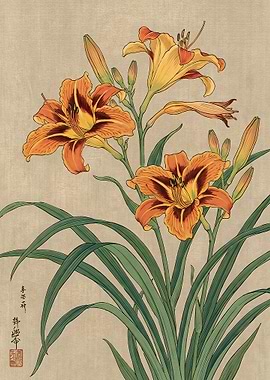 Traditional Japanese Style Daylily Painting