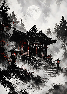 Mystical Japanese Shrine Under Full Moon