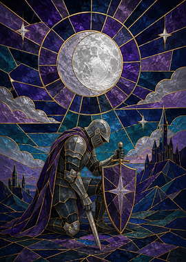 Stained Glass Knight Kneeling Under Moon