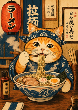 Cute Cat Eating Ramen
