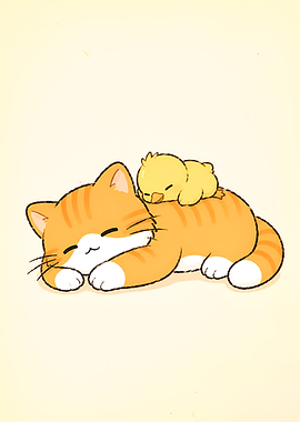 Cat and Chick Sleeping