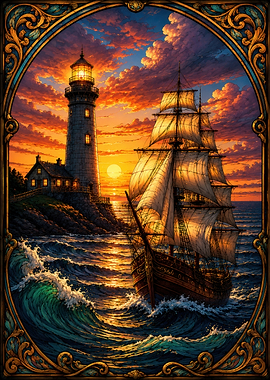 Sailing Ship Near Lighthouse at Sunset