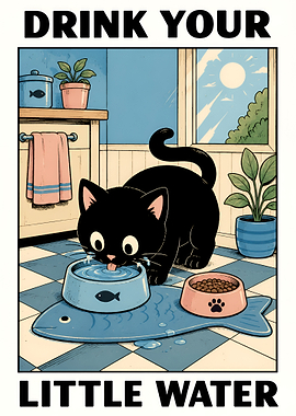 Cat Drinking Water Poster