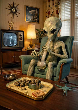 Alien Relaxing in Retro Living Room