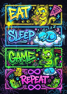 Eat Sleep Game Repeat Neon Cat