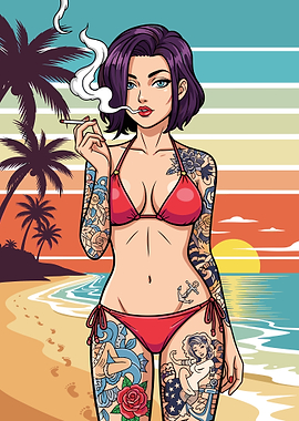 Tattooed Woman Smoking on Tropical Beach