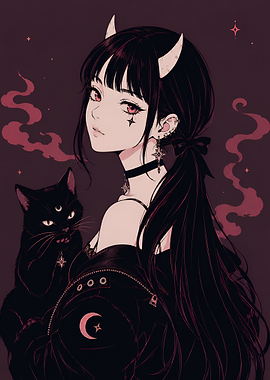 Anime Girl with Demon Horns and Cat