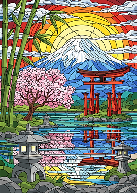 Stained Glass Mount Fuji Landscape