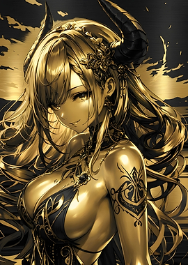 Golden Horned Anime Goddess Portrait