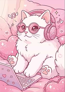 Cute White Cat Gaming Setup
