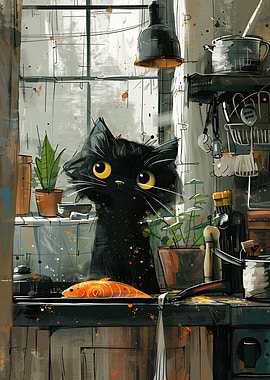 Black Cat Watching Fish in Kitchen