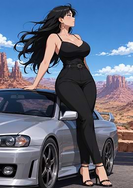 Anime Girl Leaning on Sports Car