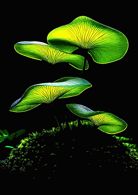 Glowing Green Mushrooms in Darkness