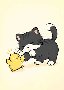 Cat Playing with Chick