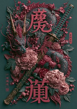 Dragon and Katana Floral Art