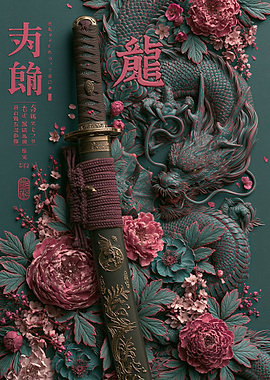 Katana Sword with Dragon and Peonies