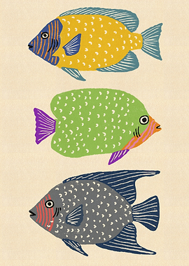 Three Colorful Stylized Tropical Fish