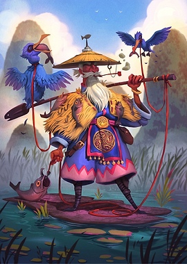 Cormorant Fisherman with Blue Birds