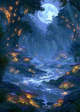 Moonlit Enchanted Forest with Glowing Mushrooms