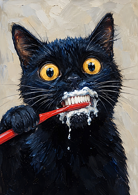 Funny Black Cat Brushing Teeth