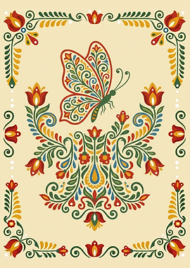Traditional Swedish Kurbits Folk Art Butterfly Illustration