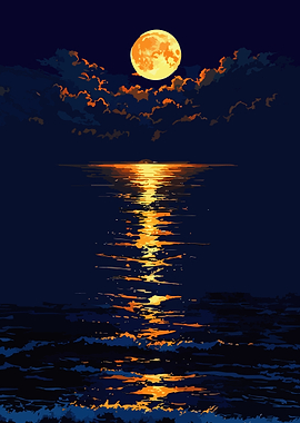 Golden Moon Over Dark Ocean