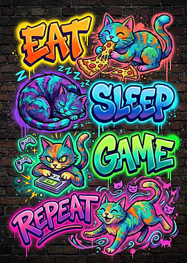 Eat Sleep Game Repeat Cat Graffiti