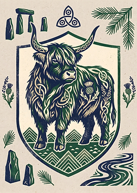 Celtic Highland Cow Shield Illustration
