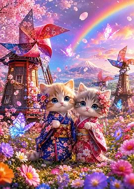 Two Kittens in Kimonos by Mount Fuji