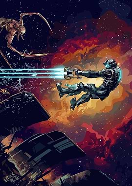 Isaac Clarke Fighting Necromorph in Space