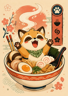 Cute Raccoon Enjoying Ramen Bowl