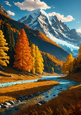 Autumn Mountain Valley Stream Landscape
