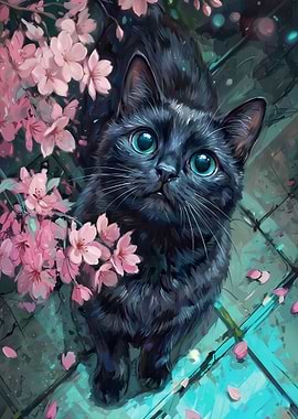 Black Cat Under Cherry Blossoms