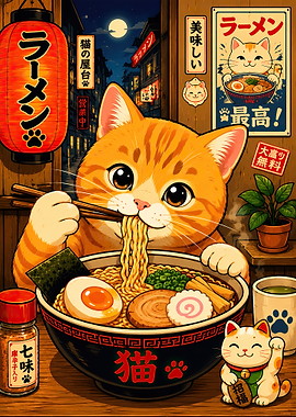 Cute Orange Cat Eating Ramen